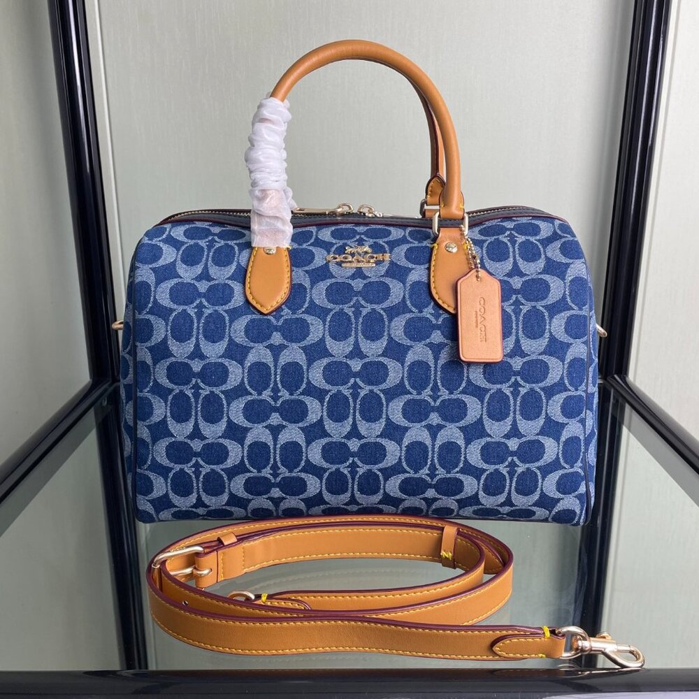 Coach Blue Signature Denim Satchel with Tan Leather Trim
